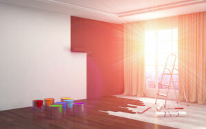 Repair and painting of walls in room. 3D illustration.