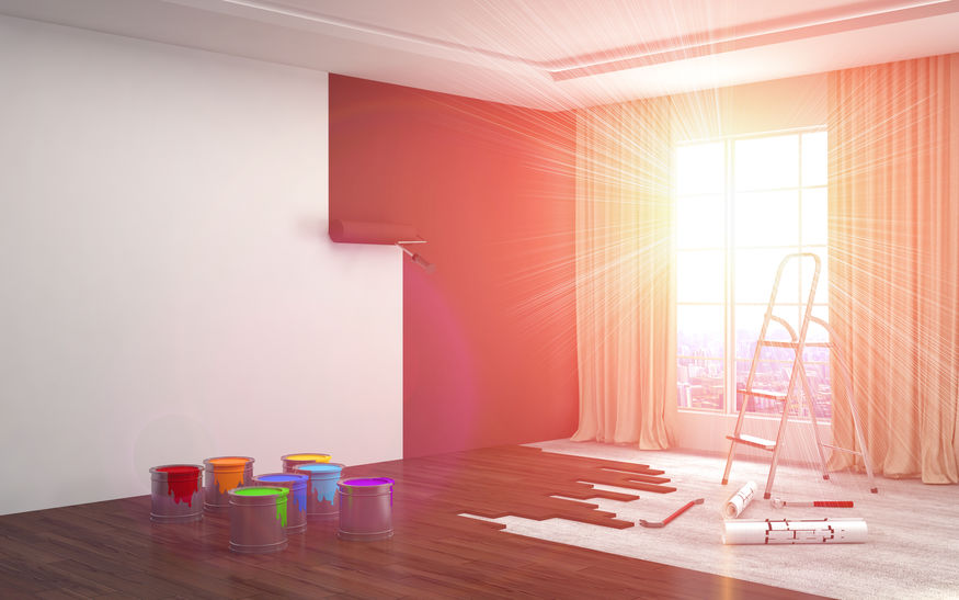 Repair and painting of walls in room. 3D illustration.
